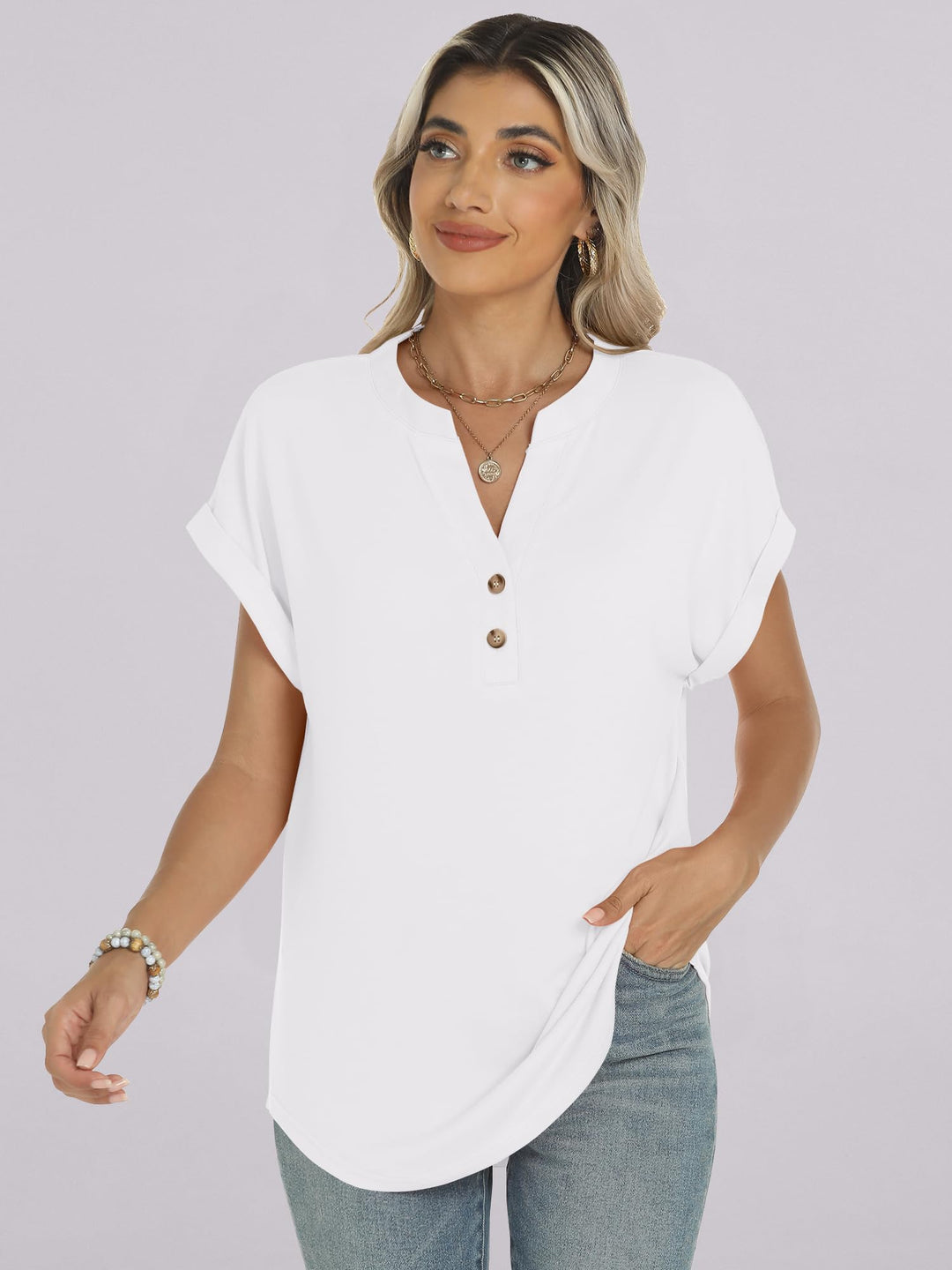 ANRABESS Womens Short Sleeve Henley Tops V Neck Dressy Casual Blouses Summer Trendy Tee Shirts 2025 Vacation Fashion Clothes