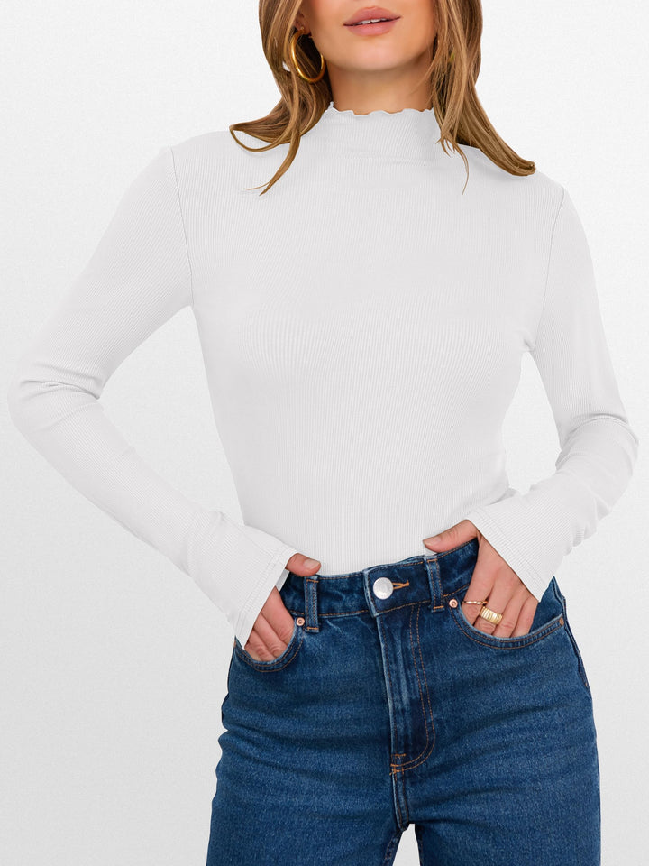 ANRABESS Women's Lettuce Trim Mock Neck Long Sleeve Tops 2025 Casual Dressy Ribbed Knit Slim Fit Tee Shirt Fall Layer Outfits