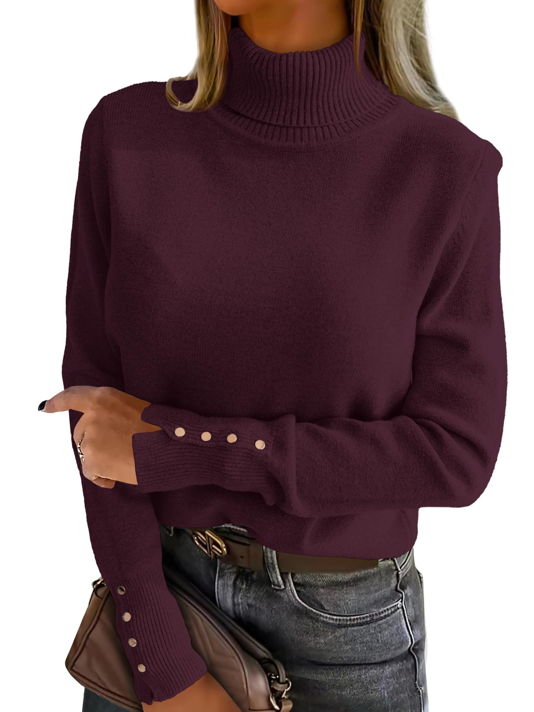 ANRABESS Turtleneck Sweaters for Women 2025 Fall Long Sleeve Dressy Casual Soft Knitted Button Basic Pullover Tops Outfits