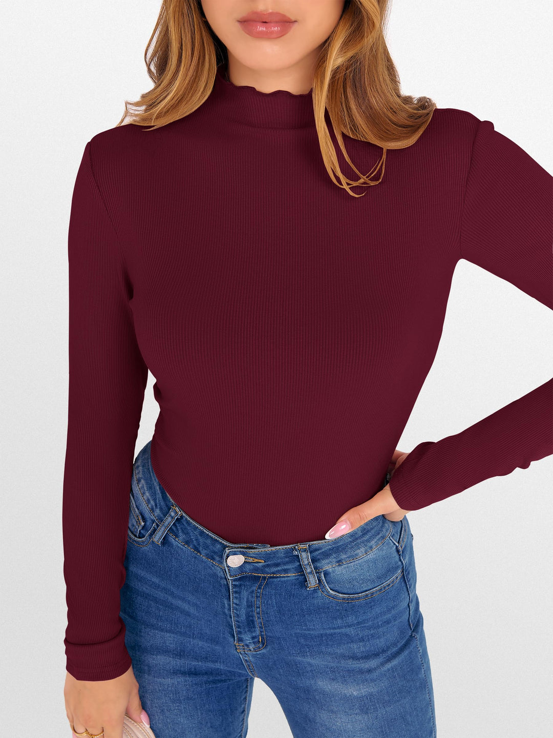 ANRABESS Women's Lettuce Trim Mock Neck Long Sleeve Tops 2025 Casual Dressy Ribbed Knit Slim Fit Tee Shirt Fall Layer Outfits