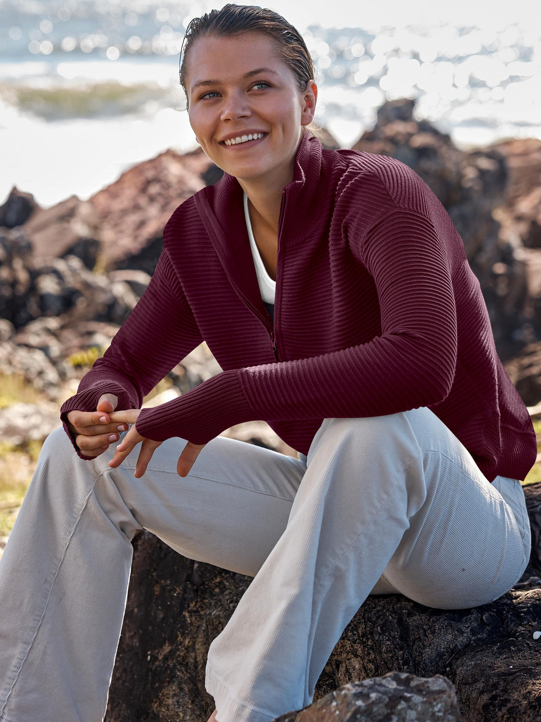 ANRABESS Womens Long Sleeve Quarter Zip Pullover Sweater Casual Loose V Neck Collared Ribbed Knit Jumper Tops Thumb Hole