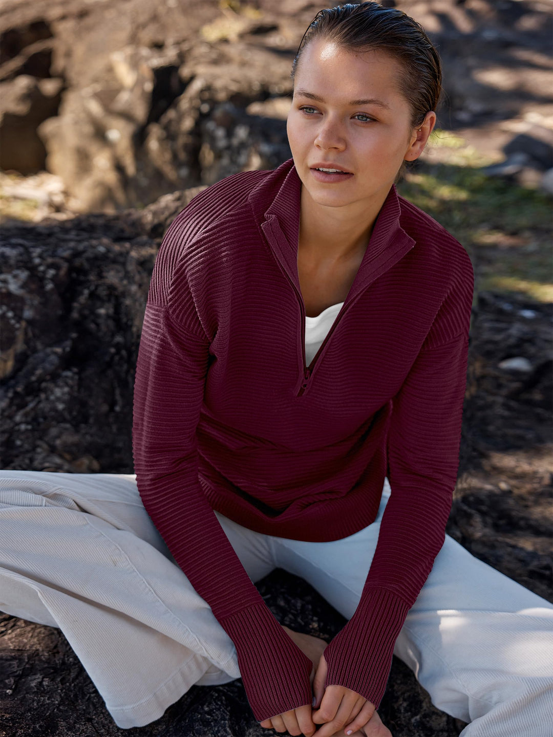 ANRABESS Womens Long Sleeve Quarter Zip Pullover Sweater Casual Loose V Neck Collared Ribbed Knit Jumper Tops Thumb Hole