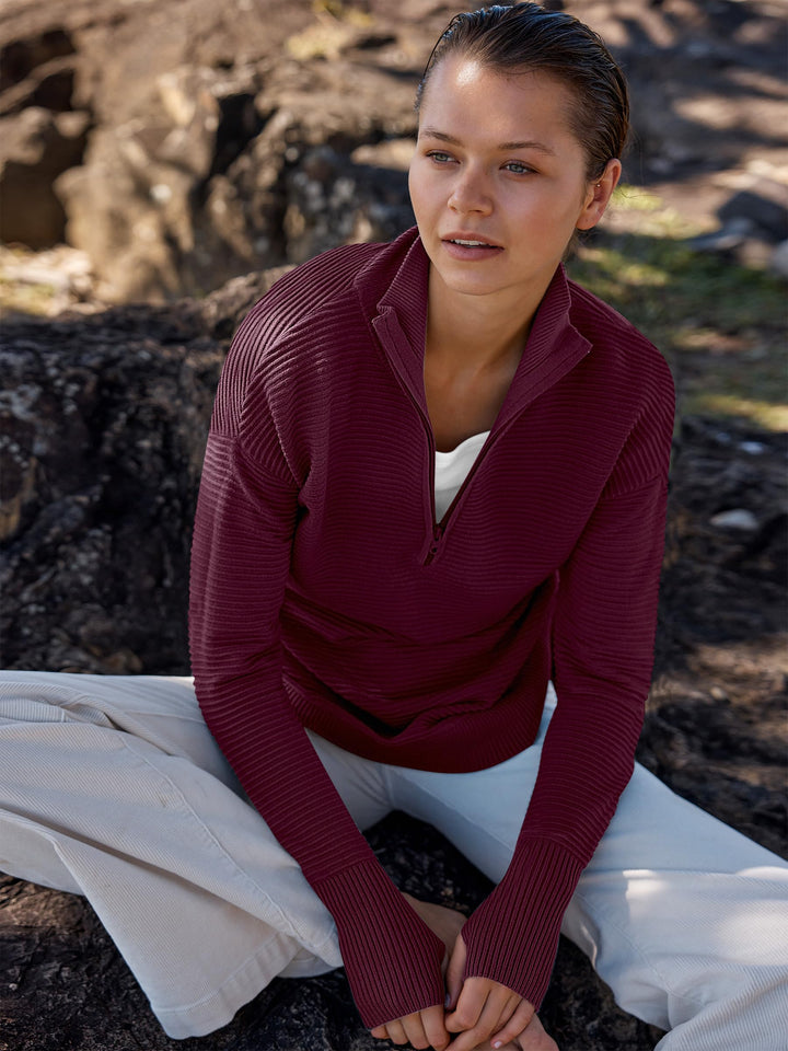 ANRABESS Womens Long Sleeve Quarter Zip Pullover Sweater Casual Loose V Neck Collared Ribbed Knit Jumper Tops Thumb Hole