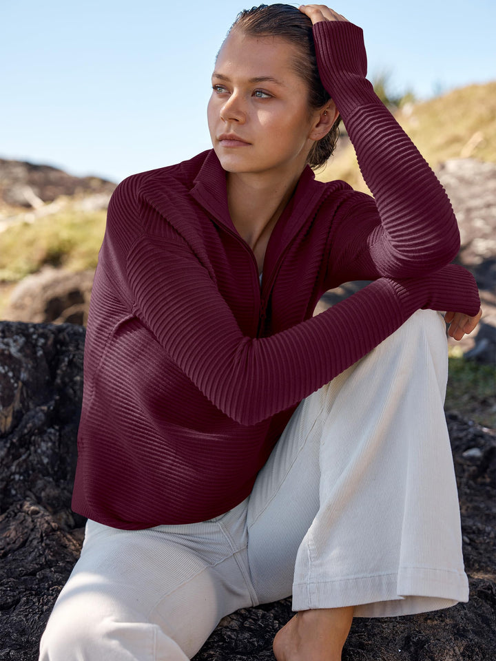 ANRABESS Womens Long Sleeve Quarter Zip Pullover Sweater Casual Loose V Neck Collared Ribbed Knit Jumper Tops Thumb Hole