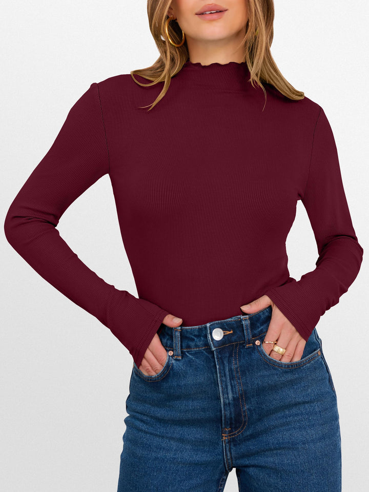 ANRABESS Women's Lettuce Trim Mock Neck Long Sleeve Tops 2025 Casual Dressy Ribbed Knit Slim Fit Tee Shirt Fall Layer Outfits