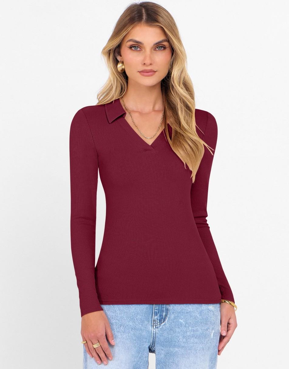 ANRABESS Women Long Sleeve Polo Shirts V Neck Slim Rib Knit Collared Dressy Business Casual Top 2025 Basic Tee Fall Outfits