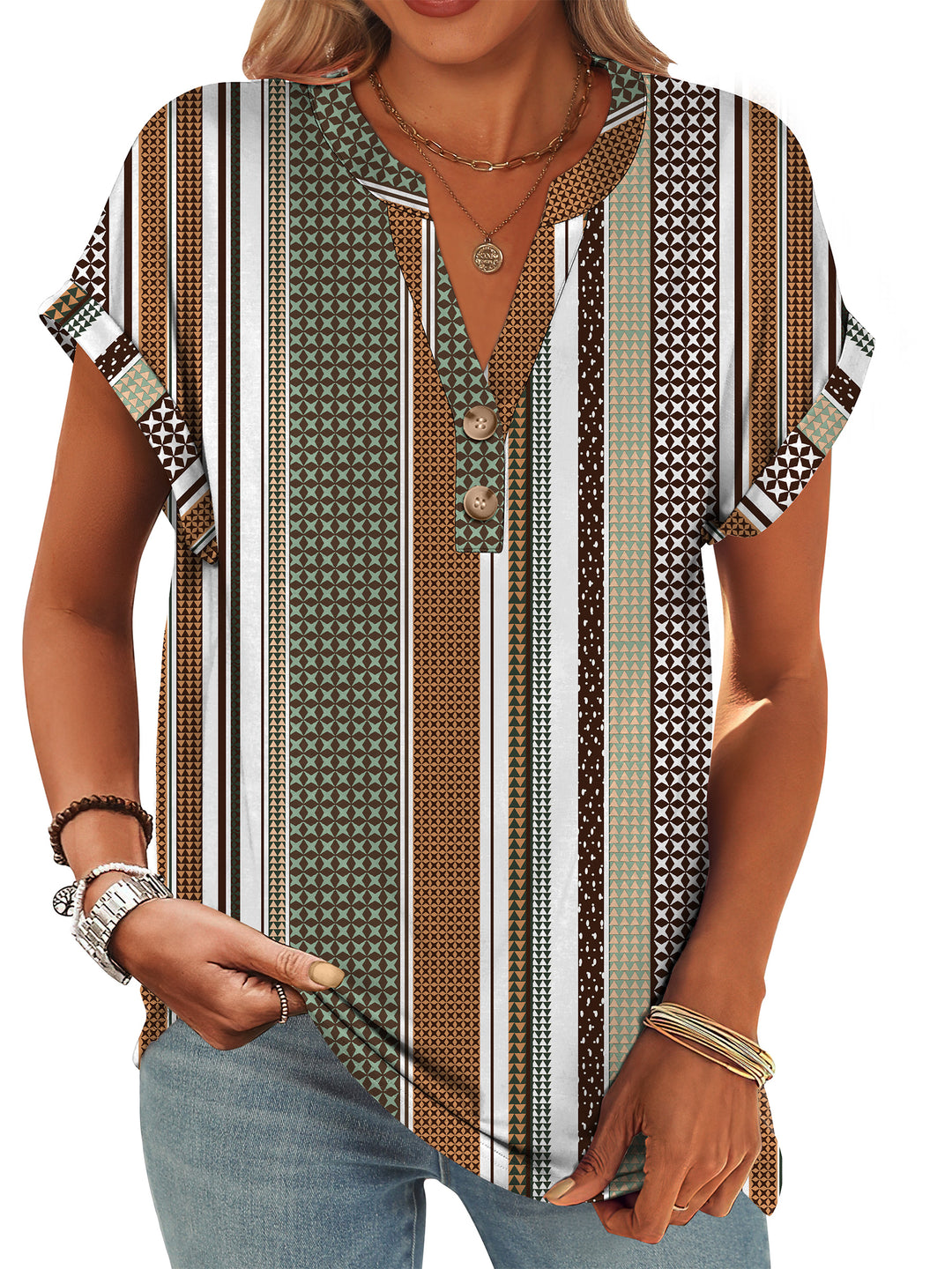 ANRABESS Women's Short Sleeve V-Neck Henley Top