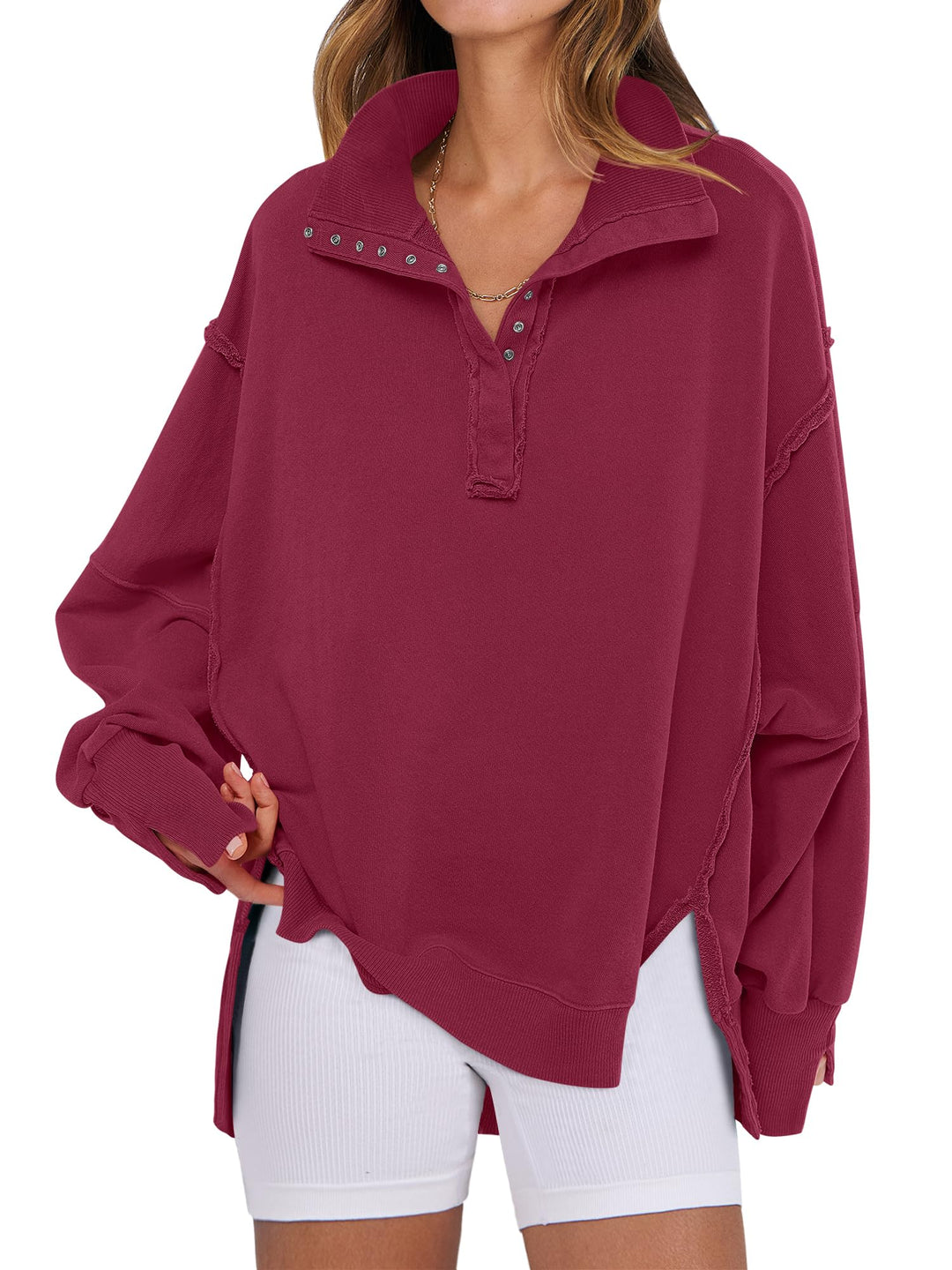 ANRABESS Women's Sweatshirts Oversized Casual Loose Button Up Henley Pullover Top High Low Split 2026 Fall Fashion Outfits