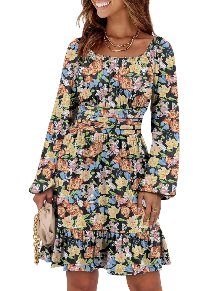 ANRABESS Womens Dress Long Lantern Sleeve Square Neck Elastic Waist Ruffle Flowy Swing A-Line Short Dresses 2026 Fall Fashion