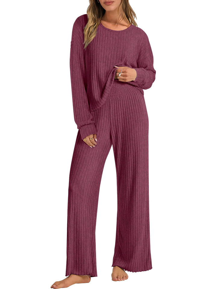 ANRABESS Women 2 Piece Lounge Pajamas Sets Casual Ribbed Knit Long Sleeve Top Pants Matching Set 2026 Fall Outfits Clothes