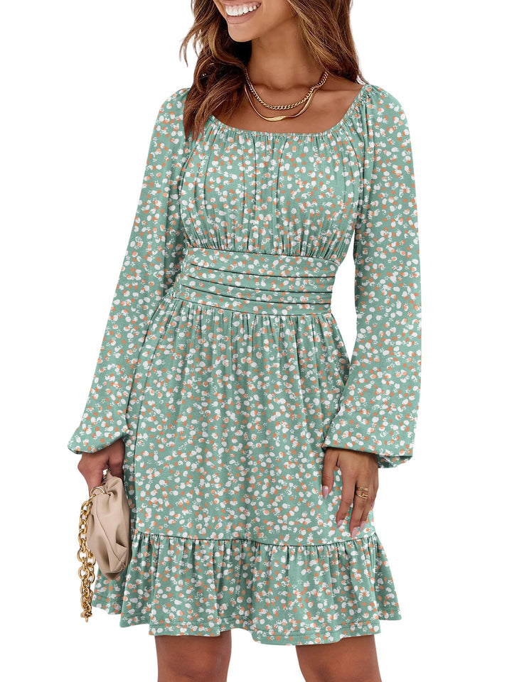 ANRABESS Womens Dress Long Lantern Sleeve Square Neck Elastic Waist Ruffle Flowy Swing A-Line Short Dresses 2026 Fall Fashion