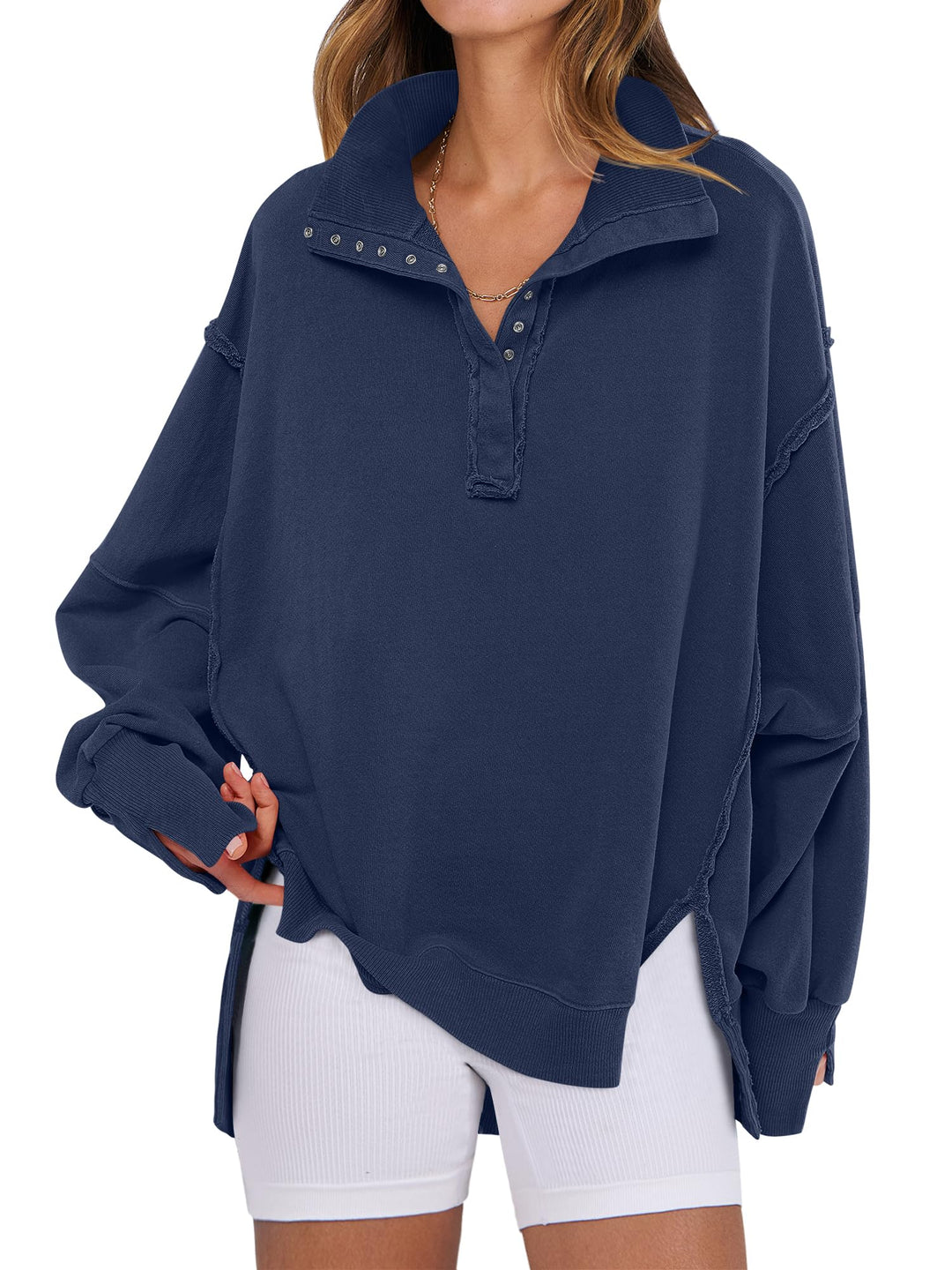 ANRABESS Women's Sweatshirts Oversized Casual Loose Button Up Henley Pullover Top High Low Split 2026 Fall Fashion Outfits