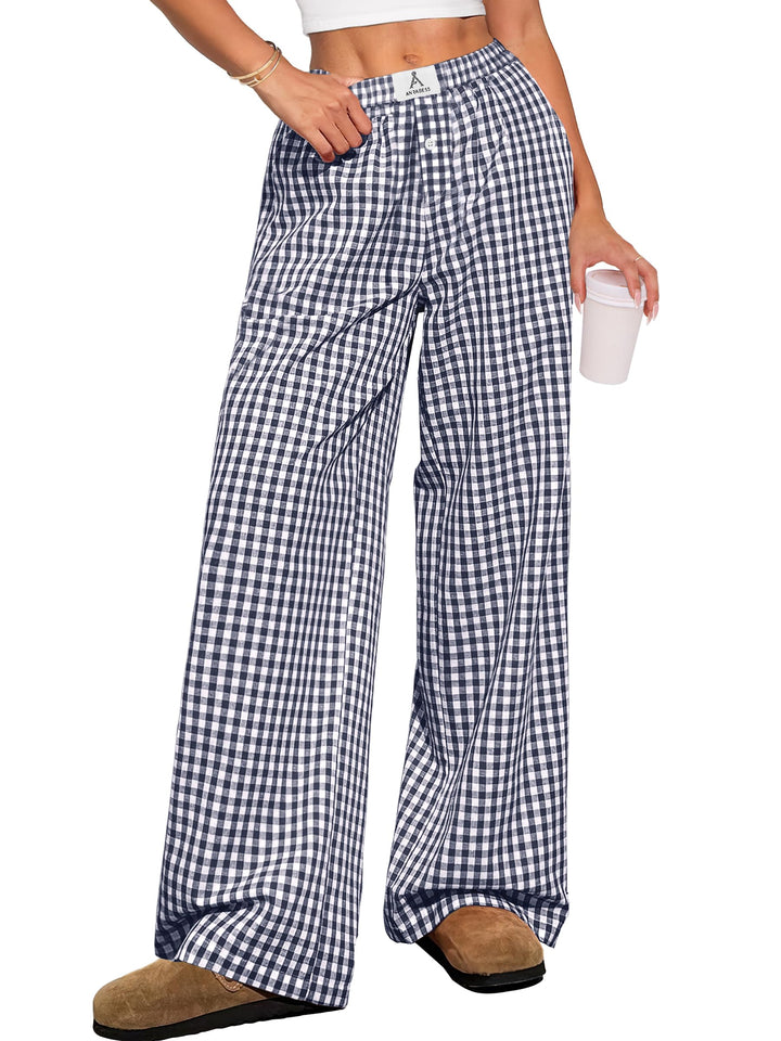 ANRABESS Womens Gingham Striped Boxer Pants | Wide Leg Elastic Waist with Pockets, Lounge Pajama Bottoms Home Daily Wear, Lightweight Breathable, Casual Summer Fall