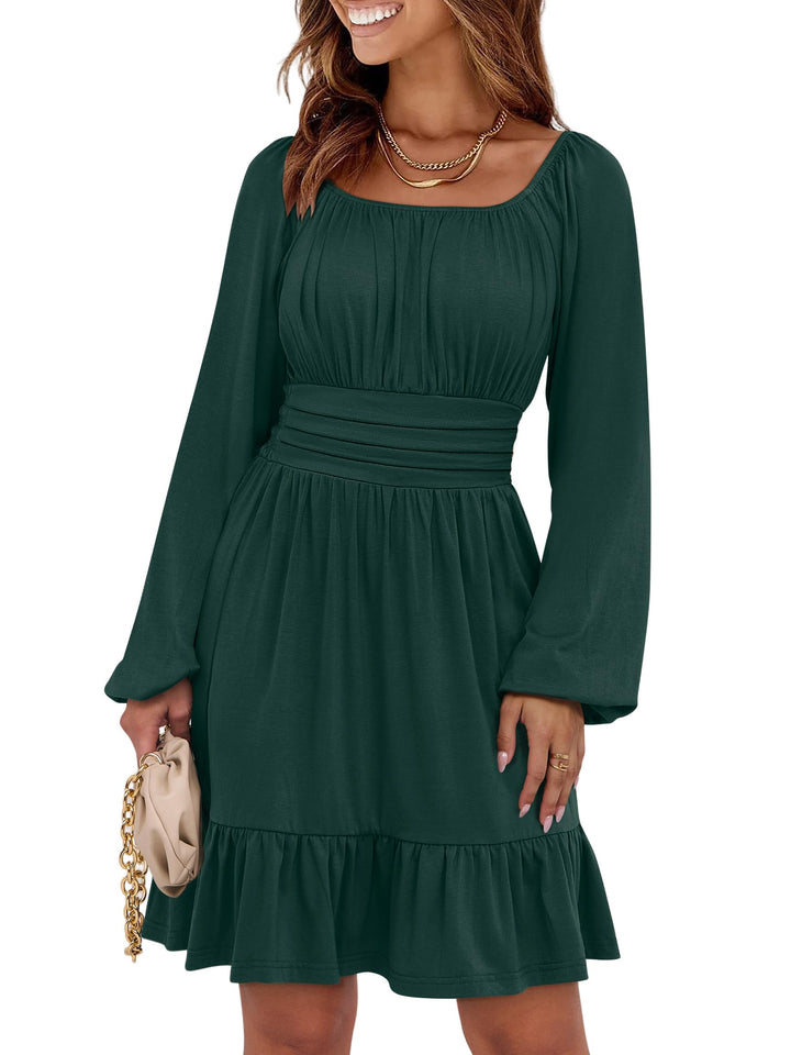 ANRABESS Womens Dress Long Lantern Sleeve Square Neck Elastic Waist Ruffle Flowy Swing A-Line Short Dresses 2026 Fall Fashion