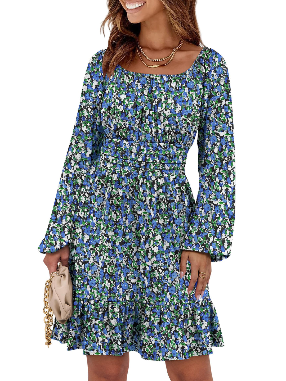 ANRABESS Womens Dress Long Lantern Sleeve Square Neck Elastic Waist Ruffle Flowy Swing A-Line Short Dresses 2026 Fall Fashion