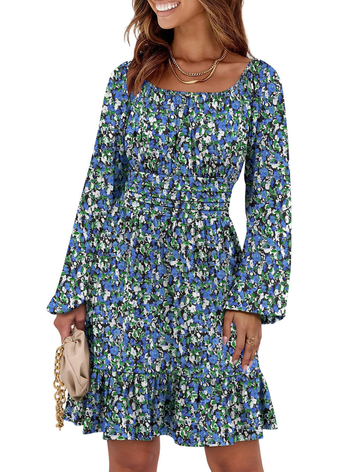 ANRABESS Womens Dress Long Lantern Sleeve Square Neck Elastic Waist Ruffle Flowy Swing A-Line Short Dresses 2026 Fall Fashion