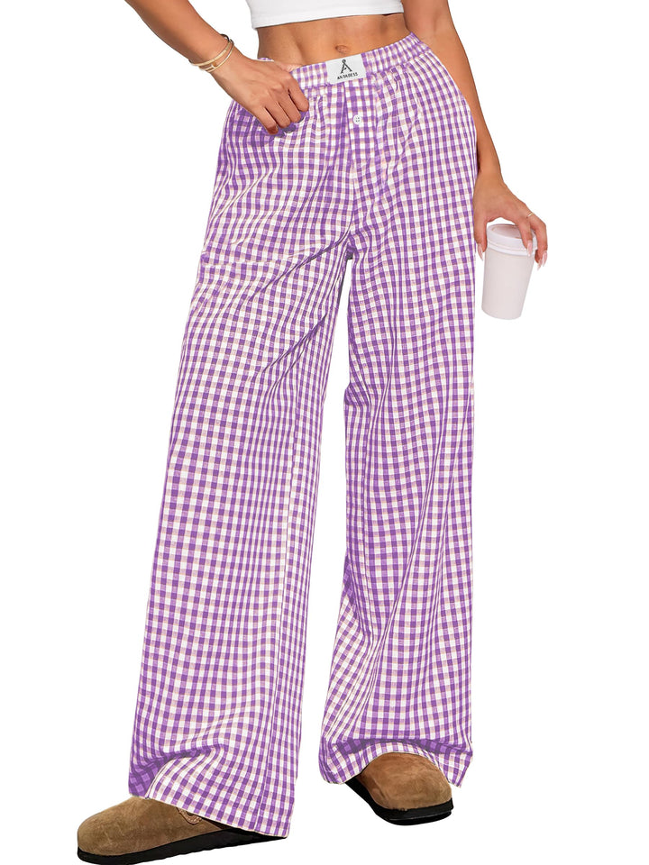 ANRABESS Womens Gingham Striped Boxer Pants | Wide Leg Elastic Waist with Pockets, Lounge Pajama Bottoms Home Daily Wear, Lightweight Breathable, Casual Summer Fall