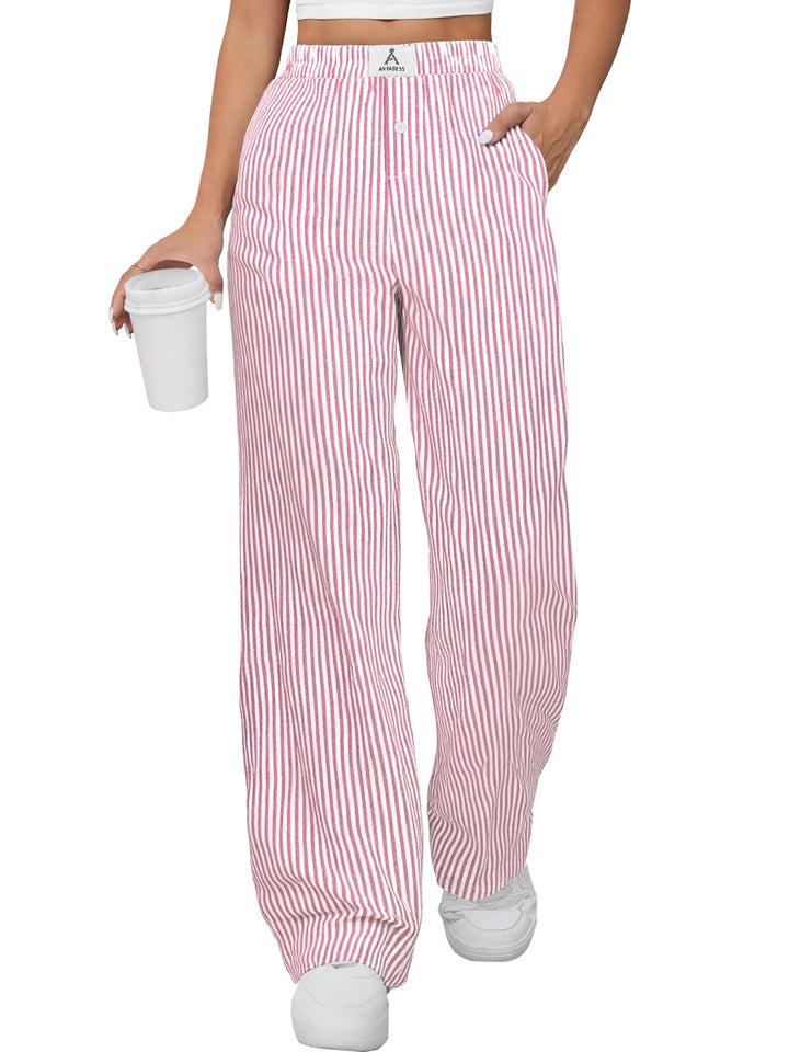 ANRABESS Womens Gingham Striped Boxer Pants | Wide Leg Elastic Waist with Pockets, Lounge Pajama Bottoms Home Daily Wear, Lightweight Breathable, Casual Summer Fall