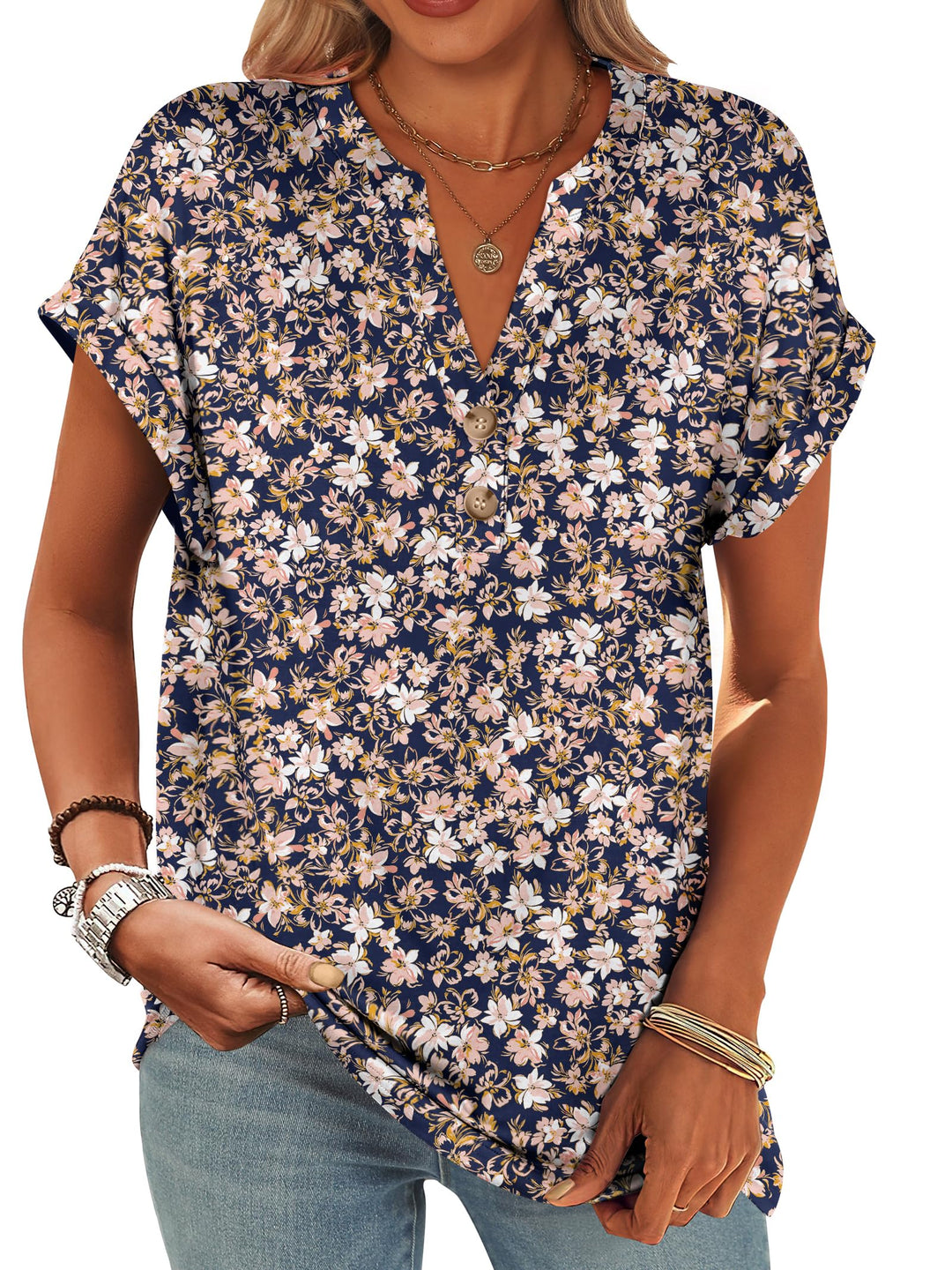 ANRABESS Women's Short Sleeve V-Neck Henley Top