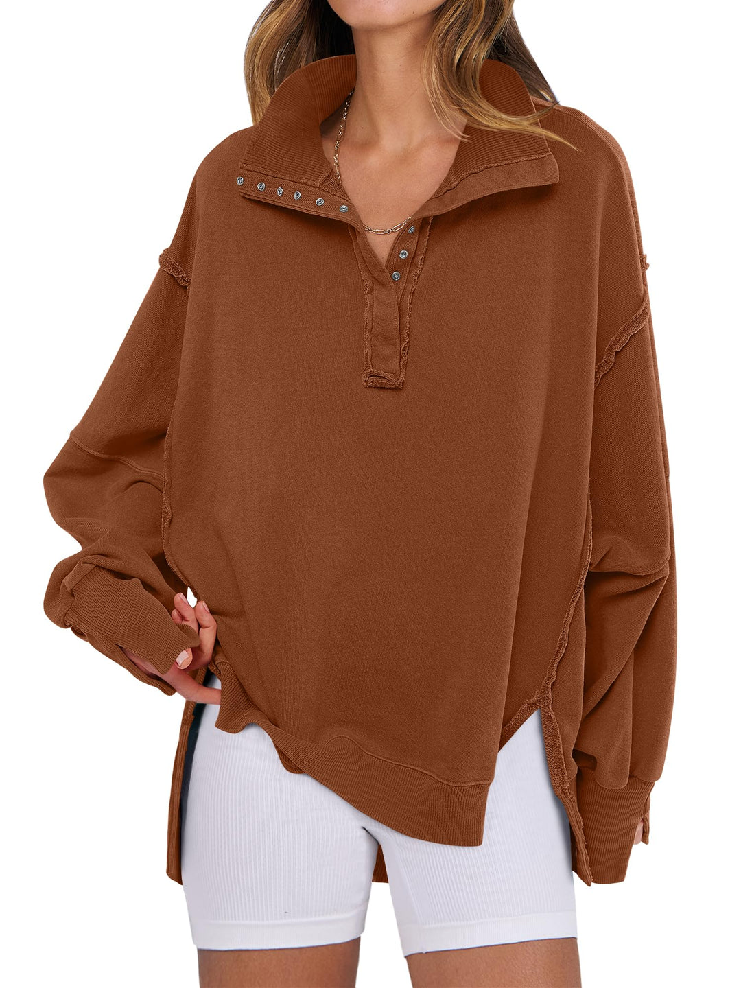 ANRABESS Women's Sweatshirts Oversized Casual Loose Button Up Henley Pullover Top High Low Split 2026 Fall Fashion Outfits