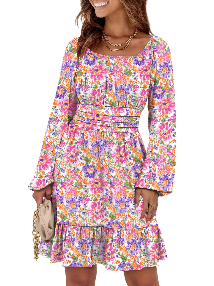 ANRABESS Womens Dress Long Lantern Sleeve Square Neck Elastic Waist Ruffle Flowy Swing A-Line Short Dresses 2026 Fall Fashion