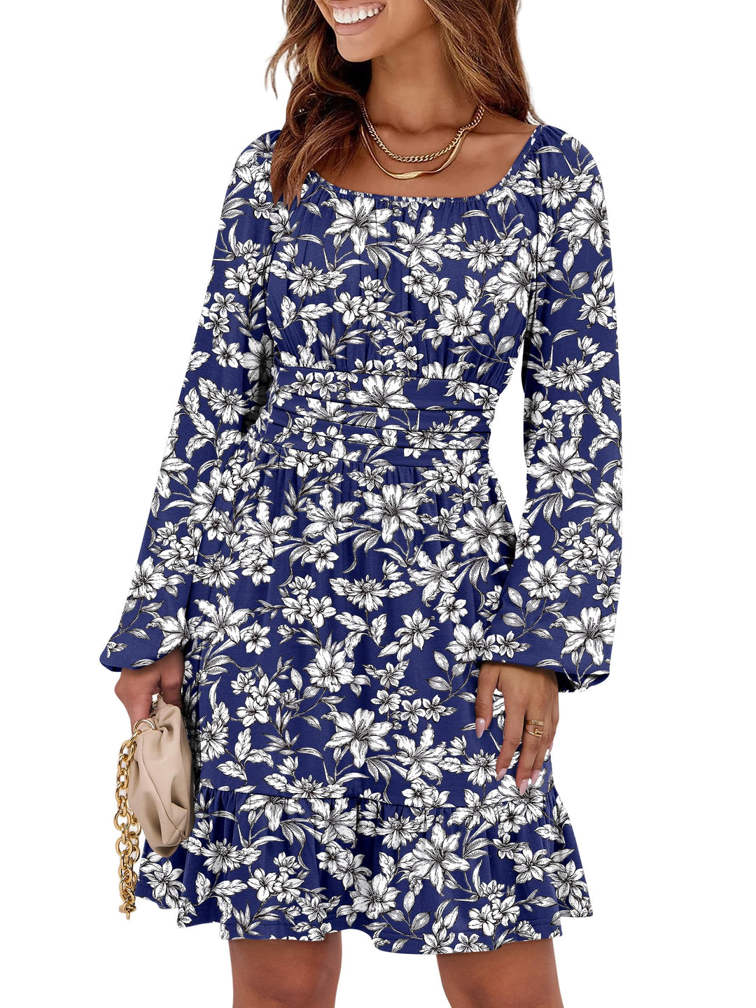 ANRABESS Womens Dress Long Lantern Sleeve Square Neck Elastic Waist Ruffle Flowy Swing A-Line Short Dresses 2026 Fall Fashion