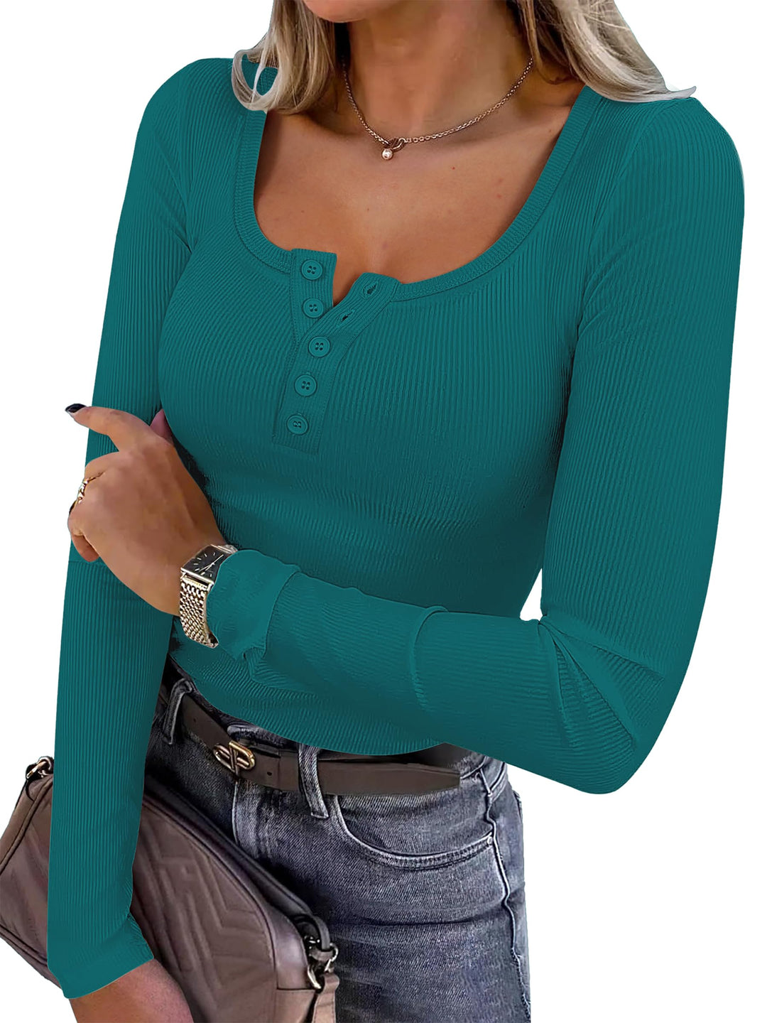 ANRABESS Women's Long Sleeve Henley Tops Ribbed Knit Slim Fitted Trendy T Shirt Basic Tees Layer 2026 Fall Fashion Outfits