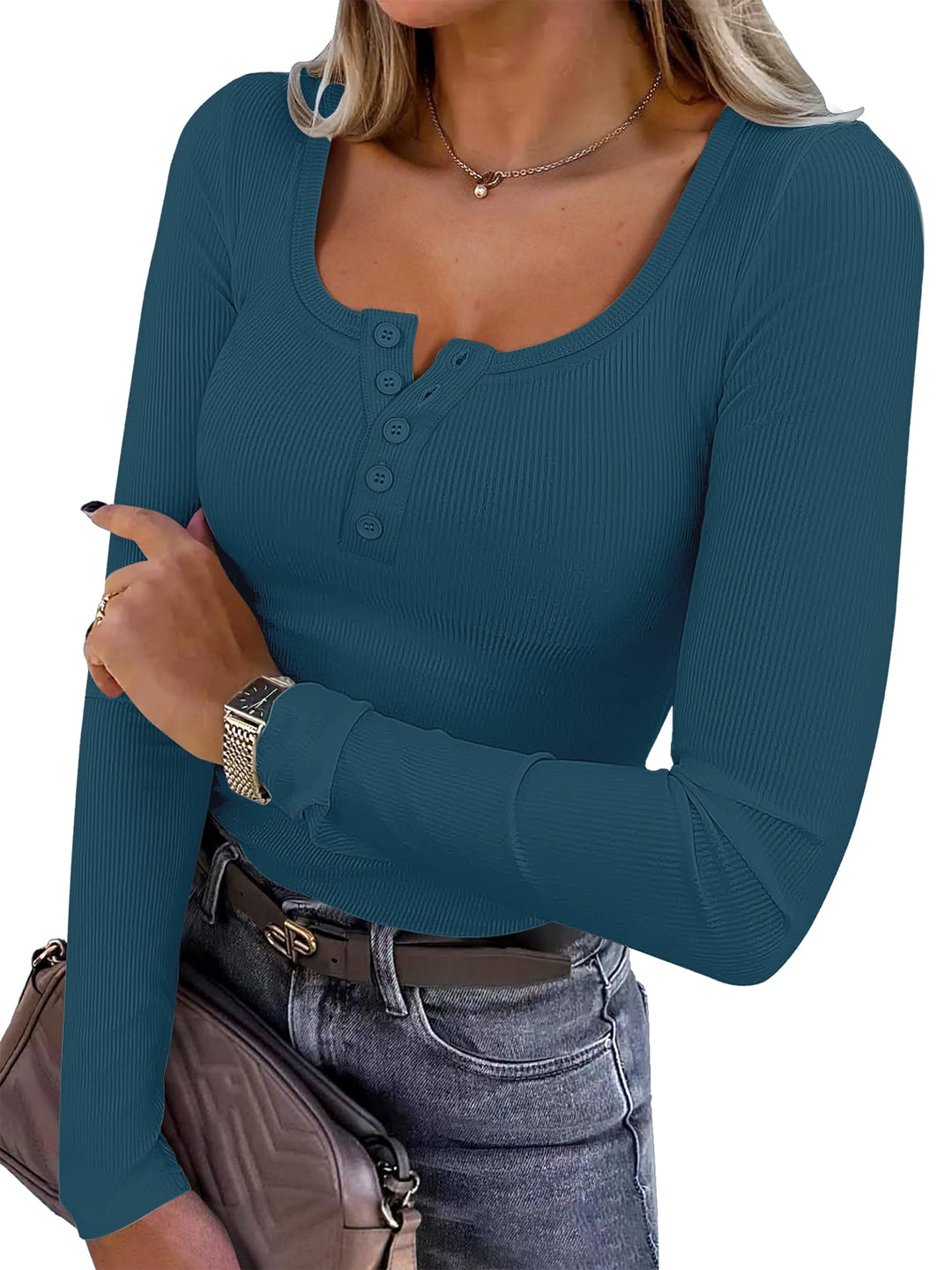 ANRABESS Women's Long Sleeve Henley Tops Ribbed Knit Slim Fitted Trendy T Shirt Basic Tees Layer 2026 Fall Fashion Outfits