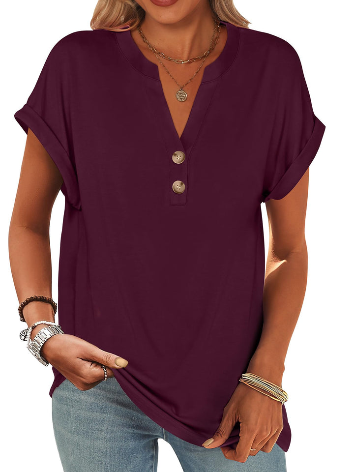 ANRABESS Women's Short Sleeve V-Neck Henley Top