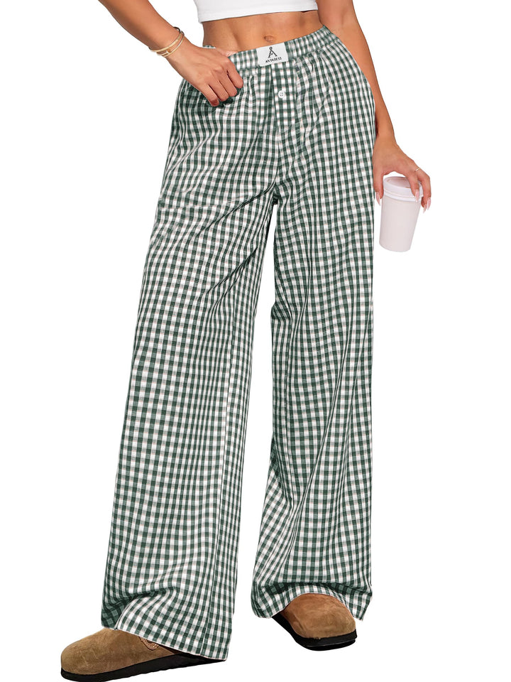 ANRABESS Womens Gingham Striped Boxer Pants | Wide Leg Elastic Waist with Pockets, Lounge Pajama Bottoms Home Daily Wear, Lightweight Breathable, Casual Summer Fall