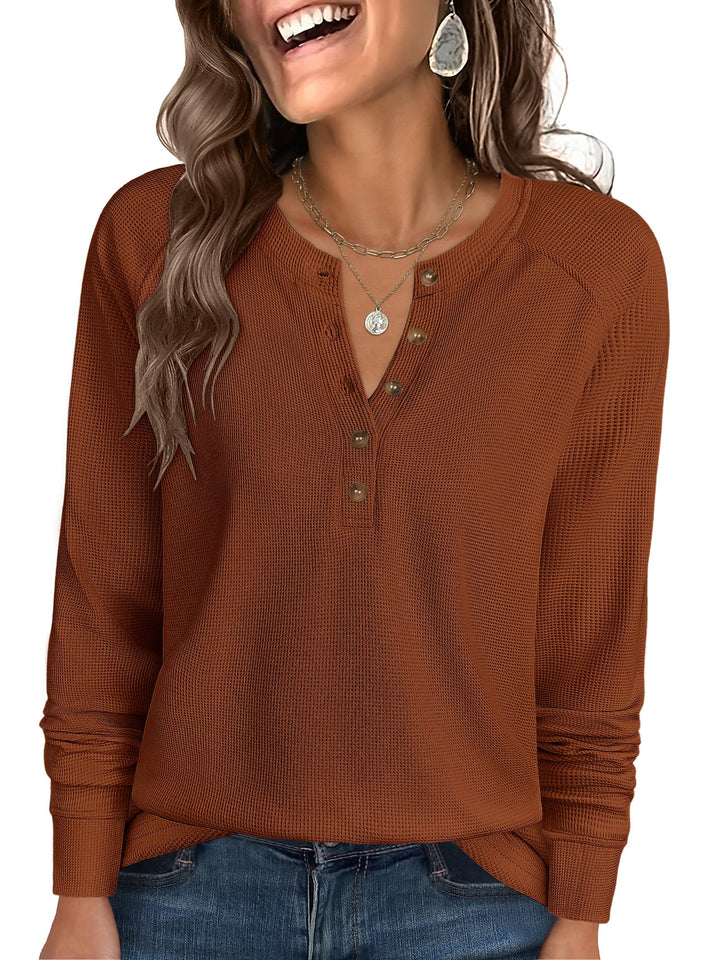 ANRABESS Long Sleeve Waffle Knit Shirts for Women Spring Fall Dressy Casual Button Up V Neck Henley Tops Loose Basic Tees Winter Clothes