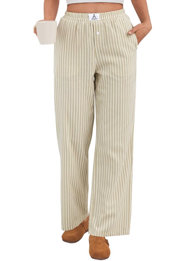 ANRABESS Womens Gingham Striped Boxer Pants | Wide Leg Elastic Waist with Pockets, Lounge Pajama Bottoms Home Daily Wear, Lightweight Breathable, Casual Summer Fall