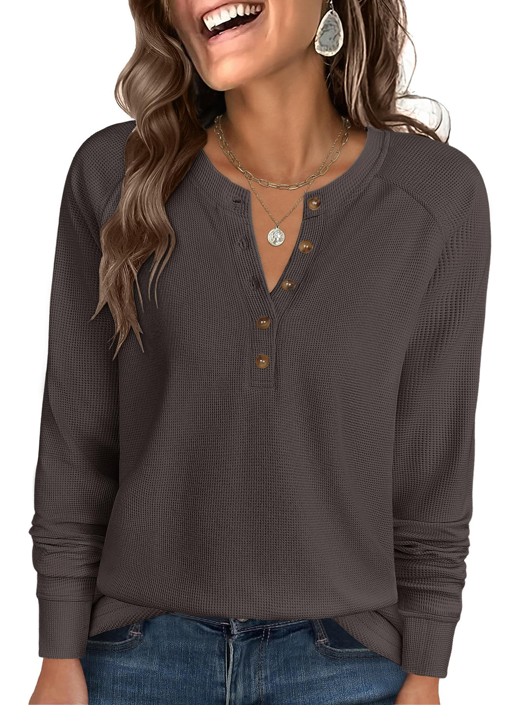 ANRABESS Long Sleeve Waffle Knit Shirts for Women Spring Fall Dressy Casual Button Up V Neck Henley Tops Loose Basic Tees Winter Clothes
