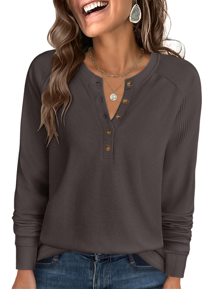 ANRABESS Long Sleeve Waffle Knit Shirts for Women Spring Fall Dressy Casual Button Up V Neck Henley Tops Loose Basic Tees Winter Clothes