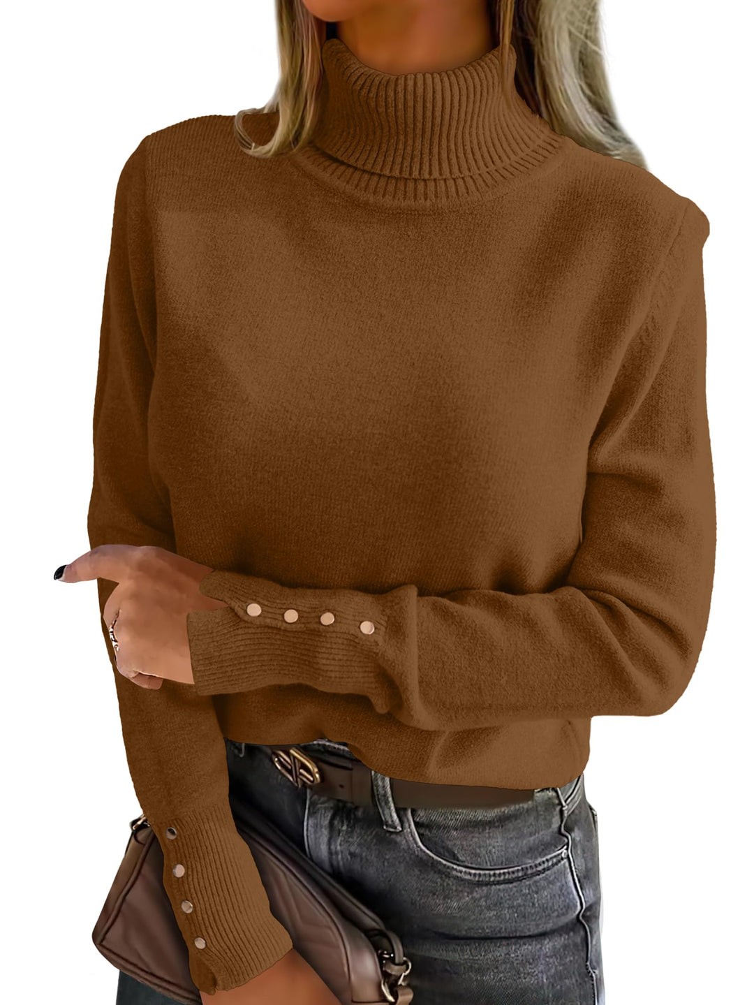 ANRABESS Turtleneck Sweaters for Women Long Sleeve Tops | 2026 Fall Winter Fashion Clothes, Office Work Daily Wear Dressy Casual Outfits, Soft Knitted Ribbed Button-Cuff Pullover Top