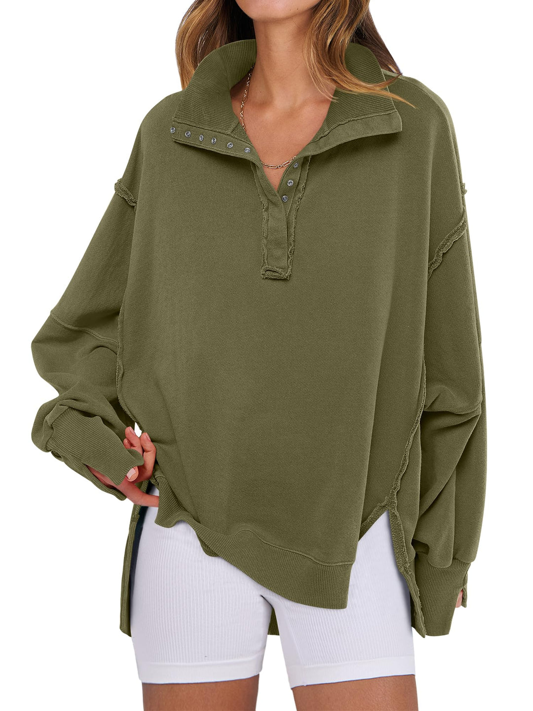 ANRABESS Women's Sweatshirts Oversized Casual Loose Button Up Henley Pullover Top High Low Split 2026 Fall Fashion Outfits