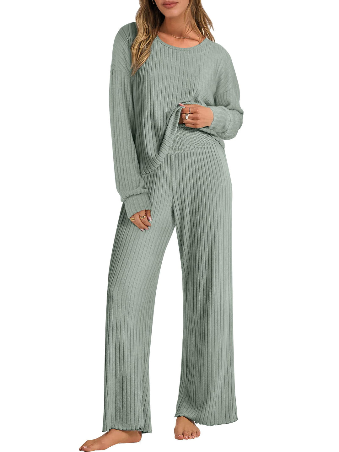 ANRABESS Women 2 Piece Lounge Pajamas Sets Casual Ribbed Knit Long Sleeve Top Pants Matching Set 2026 Fall Outfits Clothes