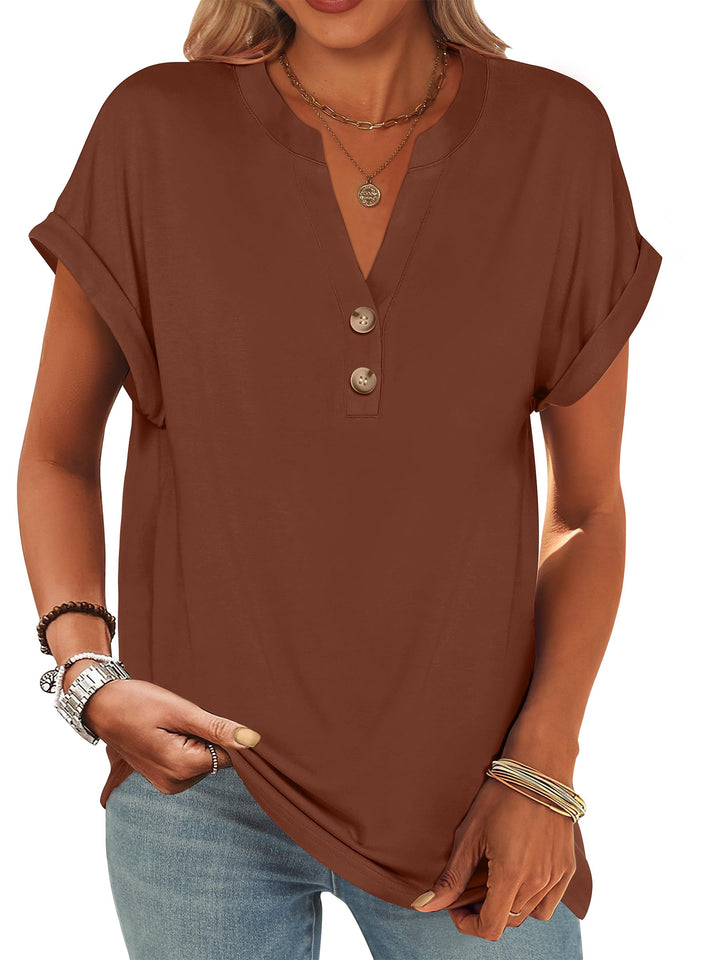 ANRABESS Women's Short Sleeve V-Neck Henley Top