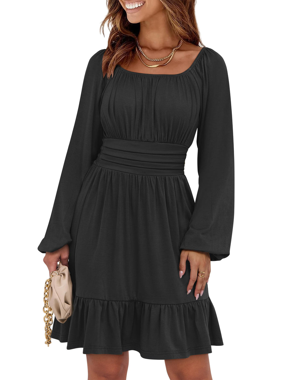 ANRABESS Womens Dress Long Lantern Sleeve Square Neck Elastic Waist Ruffle Flowy Swing A-Line Short Dresses 2026 Fall Fashion