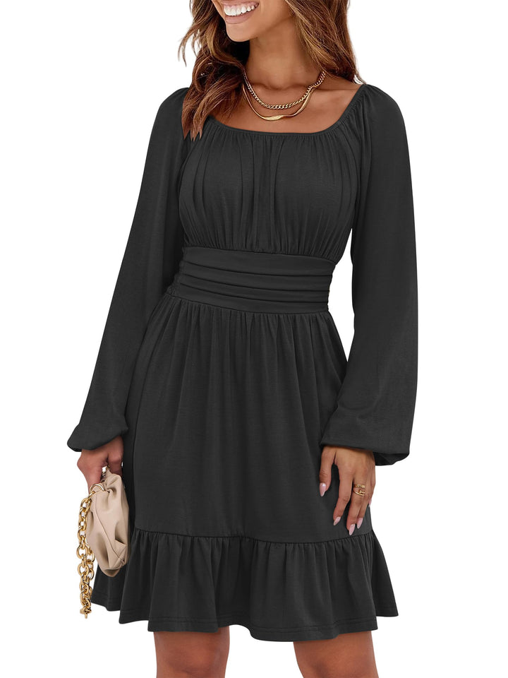 ANRABESS Womens Dress Long Lantern Sleeve Square Neck Elastic Waist Ruffle Flowy Swing A-Line Short Dresses 2026 Fall Fashion
