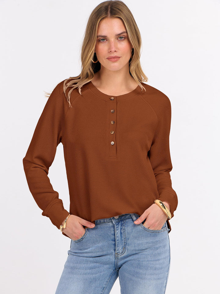 ANRABESS Long Sleeve Waffle Knit Shirts for Women Spring Fall Dressy Casual Button Up V Neck Henley Tops Loose Basic Tees Winter Clothes