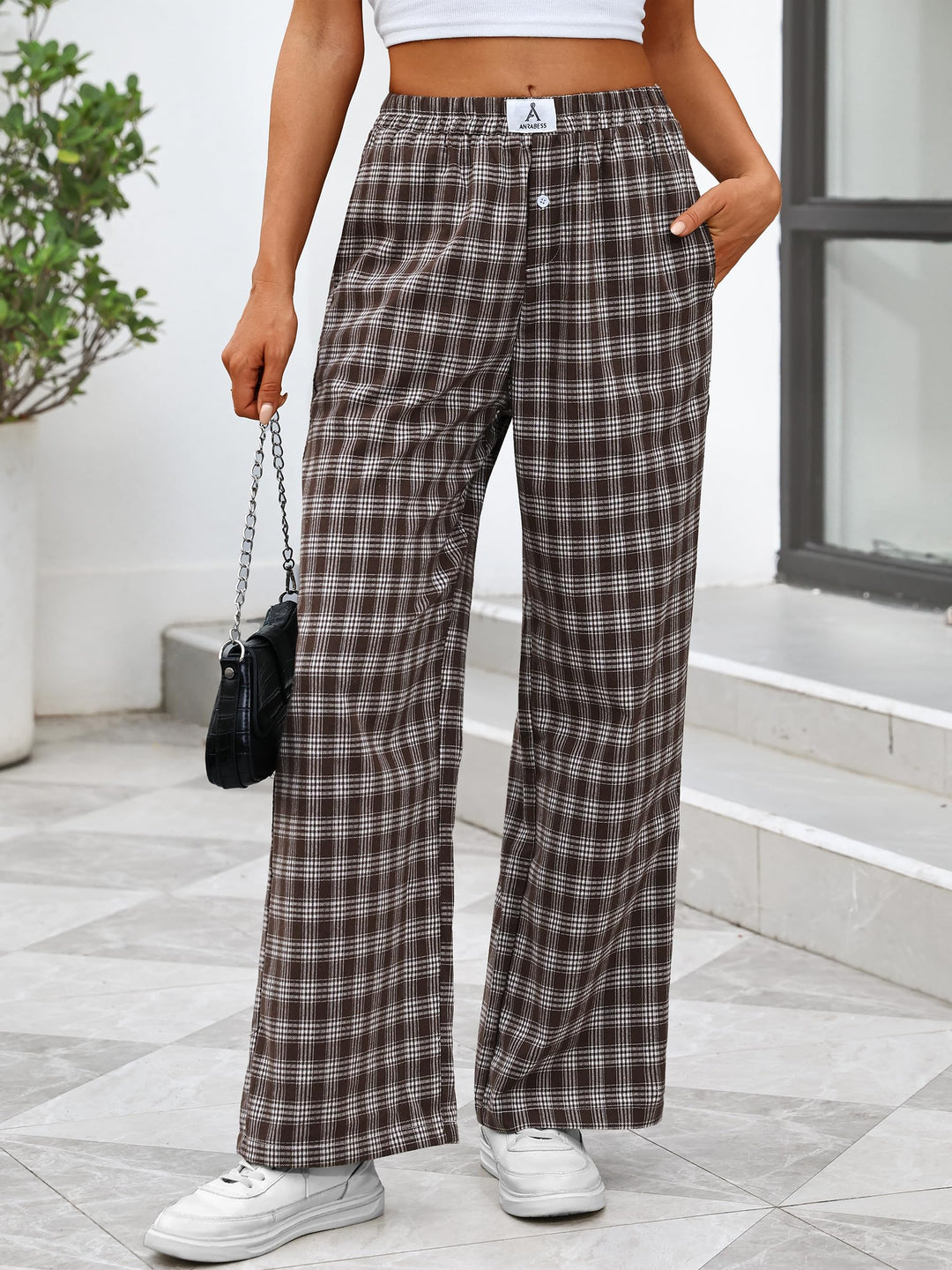 ANRABESS Womens Gingham Striped Boxer Pants | Wide Leg Elastic Waist with Pockets, Lounge Pajama Bottoms Home Daily Wear, Lightweight Breathable, Casual Summer Fall