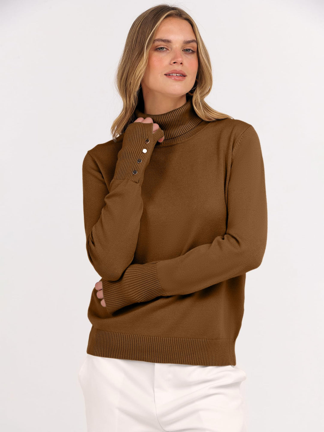 ANRABESS Turtleneck Sweaters for Women Long Sleeve Tops | 2026 Fall Winter Fashion Clothes, Office Work Daily Wear Dressy Casual Outfits, Soft Knitted Ribbed Button-Cuff Pullover Top