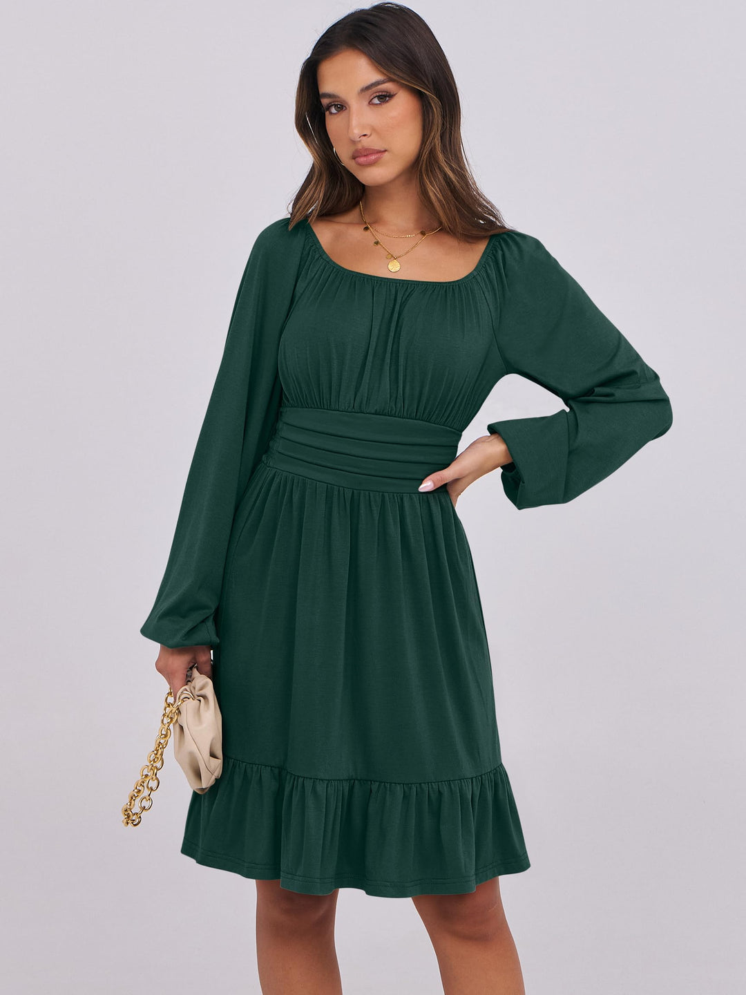 ANRABESS Womens Dress Long Lantern Sleeve Square Neck Elastic Waist Ruffle Flowy Swing A-Line Short Dresses 2026 Fall Fashion