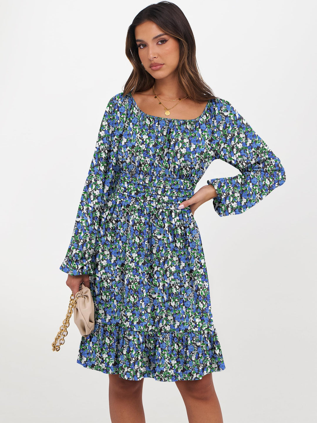 ANRABESS Womens Dress Long Lantern Sleeve Square Neck Elastic Waist Ruffle Flowy Swing A-Line Short Dresses 2026 Fall Fashion