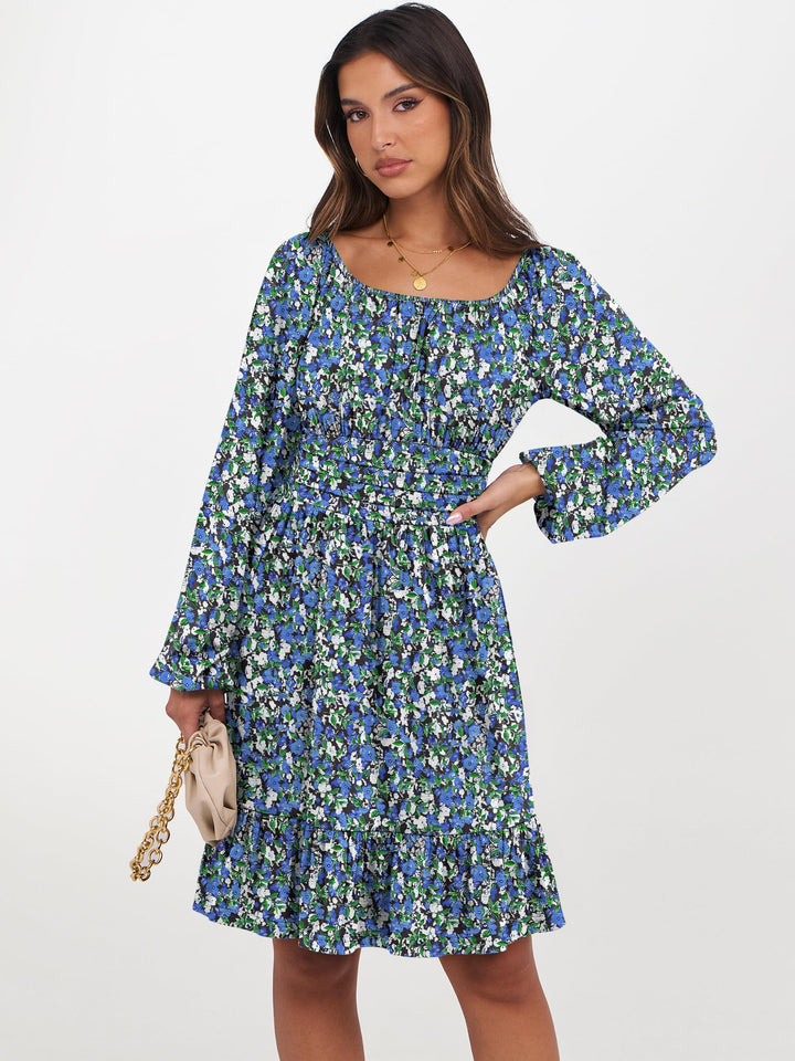 ANRABESS Womens Dress Long Lantern Sleeve Square Neck Elastic Waist Ruffle Flowy Swing A-Line Short Dresses 2026 Fall Fashion