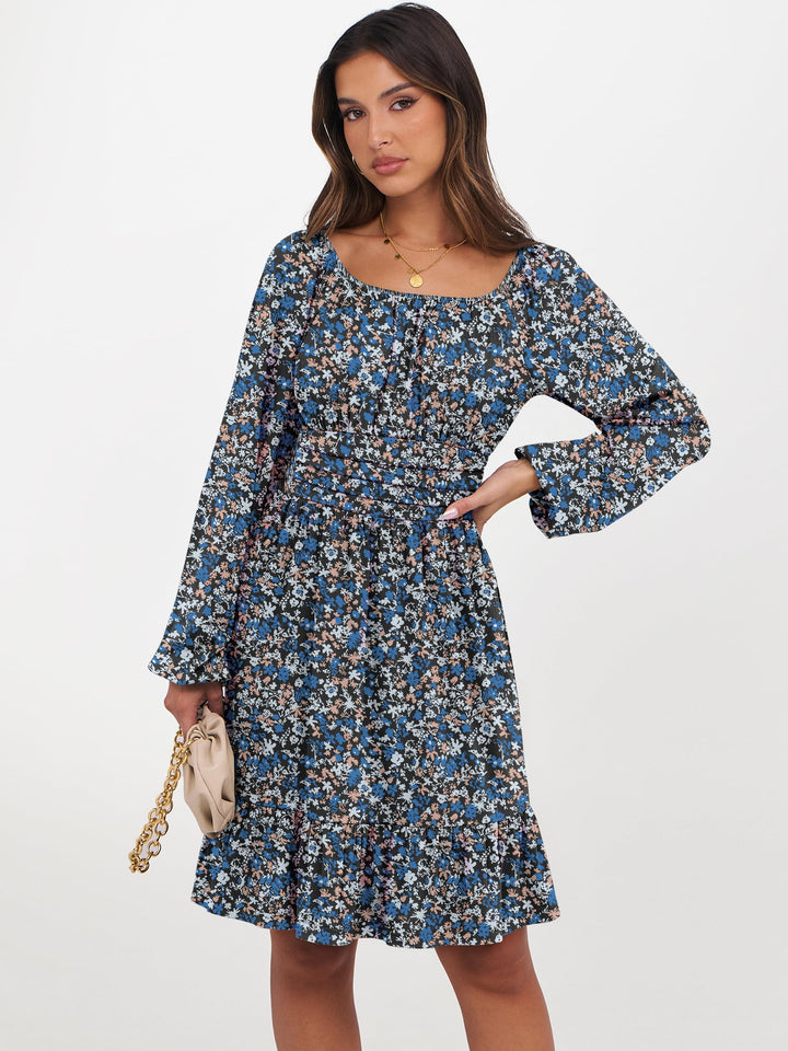 ANRABESS Womens Dress Long Lantern Sleeve Square Neck Elastic Waist Ruffle Flowy Swing A-Line Short Dresses 2026 Fall Fashion