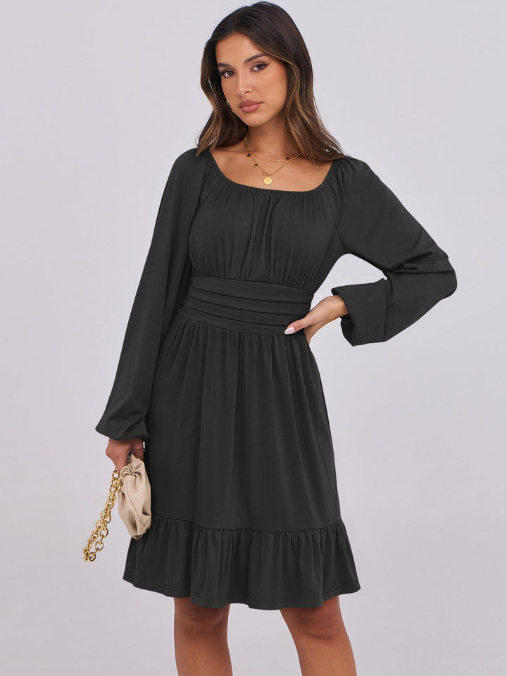 ANRABESS Womens Dress Long Lantern Sleeve Square Neck Elastic Waist Ruffle Flowy Swing A-Line Short Dresses 2026 Fall Fashion