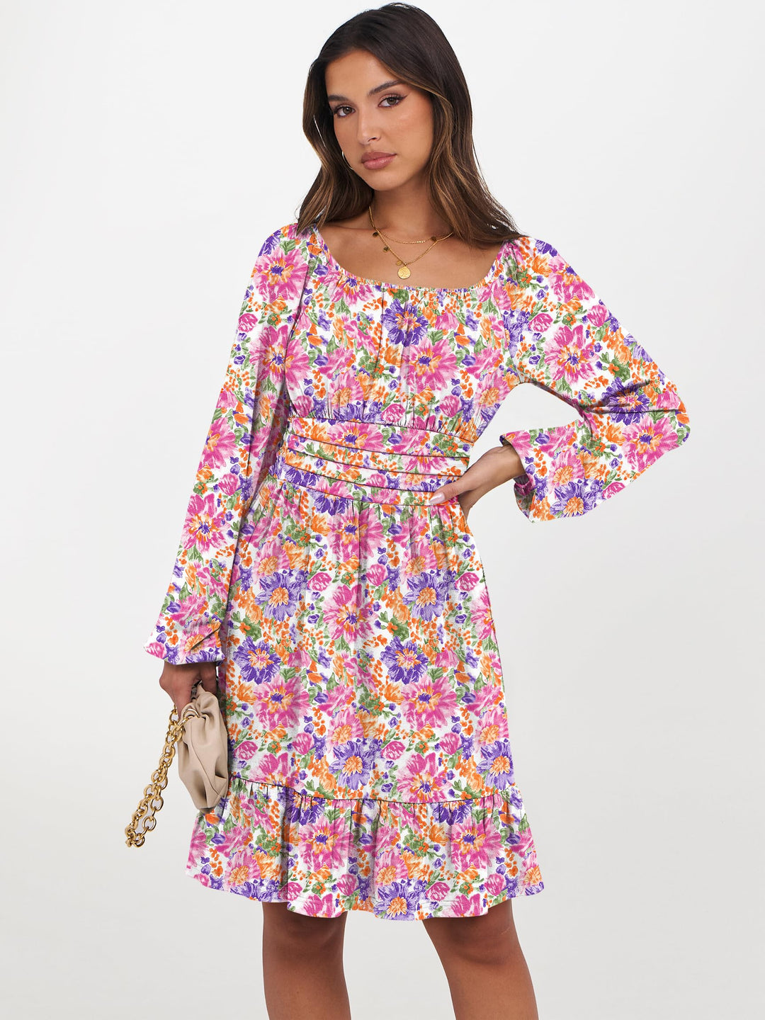 ANRABESS Womens Dress Long Lantern Sleeve Square Neck Elastic Waist Ruffle Flowy Swing A-Line Short Dresses 2026 Fall Fashion