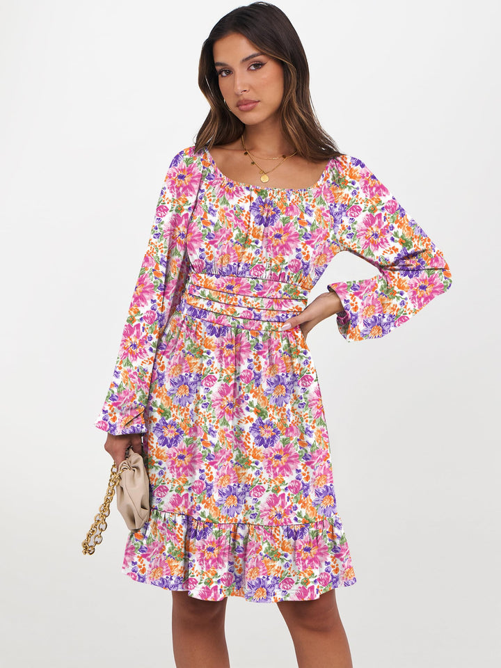 ANRABESS Womens Dress Long Lantern Sleeve Square Neck Elastic Waist Ruffle Flowy Swing A-Line Short Dresses 2026 Fall Fashion